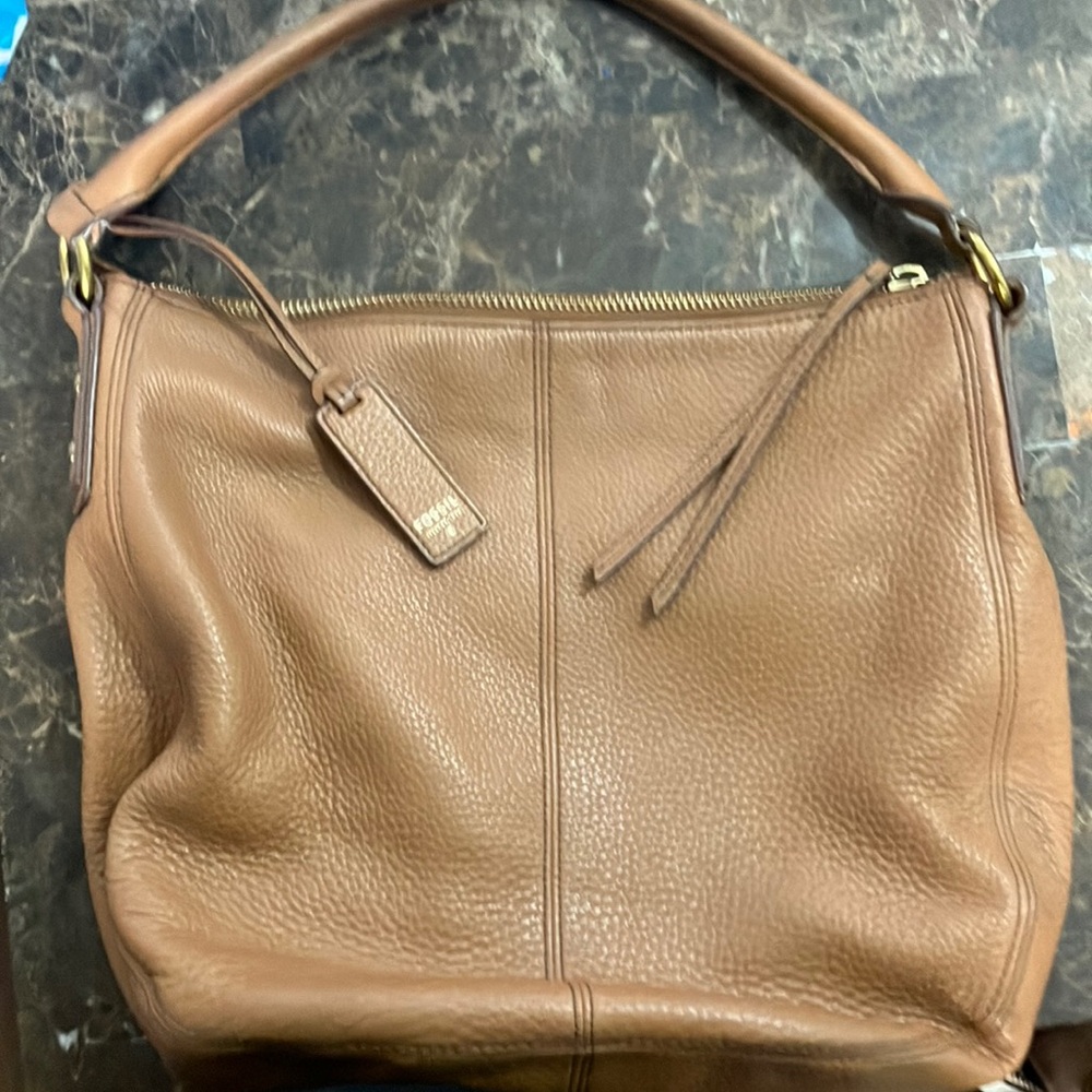 FOSSIL TASSLE  Leather  Hand Bag tan /br 4 compartments